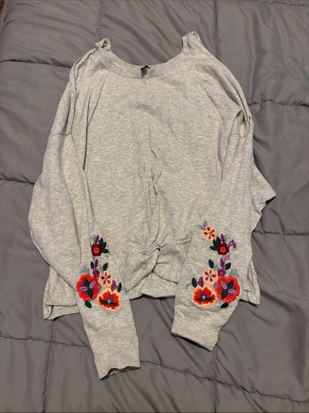 Express Gray Pullover with Colorful Floral Sleeve Embroidery